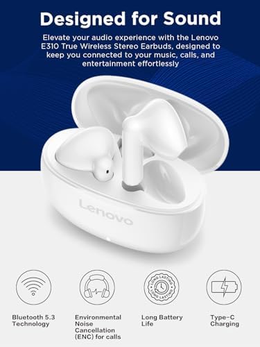 Lenovo E310 True Wireless Earbuds, Bluetooth 5.3 TWS Headphones with 13mm Drivers, AI Noise Reduction Mic, Up to 20H Battery with Case, USB-C Charging, IPX4 Water Resistant, Touch Control, White - color: White