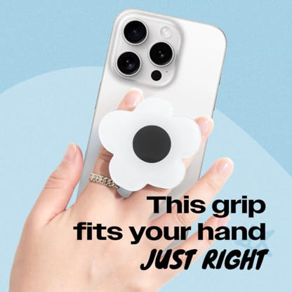 OnTheGrip Cute Solid Color Daisy Flower Design Collapsible Mobile Phone Grip Stand Holder for Smartphone Tablet Cell Phone Accessory (White Black)