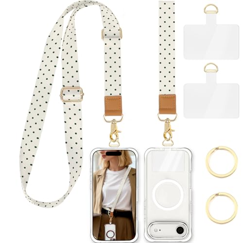 Phone Lanyard Crossbody Strap, Adjustable Neck Strap and Wristlet Strap for Phone Wallet ID Badge with 2 Phone Tabs - color: Beige Polka Dots