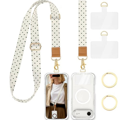 Phone Lanyard Crossbody Strap, Adjustable Neck Strap and Wristlet Strap for Phone Wallet ID Badge with 2 Phone Tabs - color: Beige Polka Dots