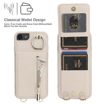 Crossbody Wallet Case for iPhone 7/8/SE 2020/SE 2022, with Card Slots Zipper Pocket Case, Flip Folio Purse RFID Blocking with Ring Kickstand Detachable Strap-Beige - color: Beige, size: iPhone 7/8/SE 2020/SE 2022 (4.7")