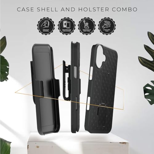 MOTIVE for iPhone 16 Case with Belt Clip, Rigid, Kickstand | 6.1" | Ranger v1 Series, Black, 360° holster, open-top/open-bottom port access, textured grip, slim - size: iPhone 16