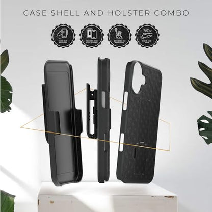 MOTIVE for iPhone 16 Case with Belt Clip, Rigid, Kickstand | 6.1" | Ranger v1 Series, Black, 360° holster, open-top/open-bottom port access, textured grip, slim - size: iPhone 16