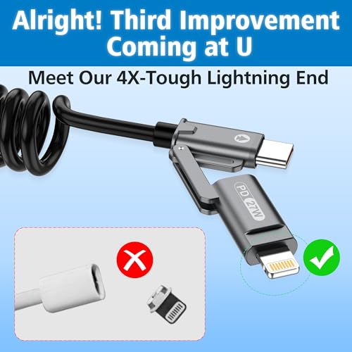 AGVEE 9ft 4-in-1 Coiled Multi Charging Charger Data Transfer Cable - color: Black, size: 9ft