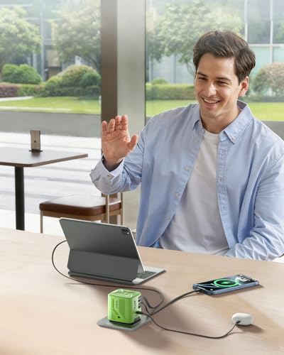 W & O 60W Gan Fast Charger Wall Plug, Built-in Retractable USB-C & L Cables - color: Green