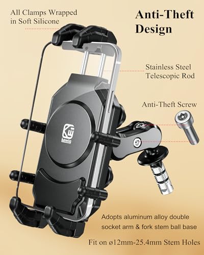 BRCOVAN Anti-Theft Motorcycle Fork Stem Phone Mount with Vibration Dampener