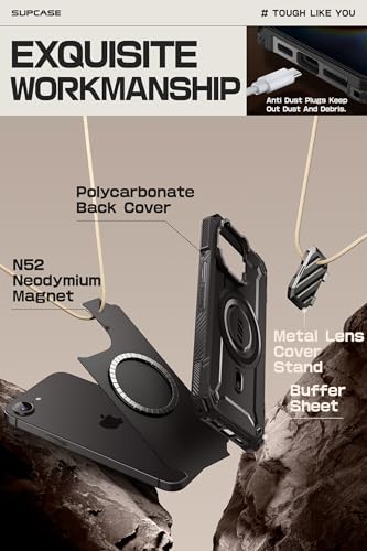 SUPCASE for iPhone 17e/16e Case with Camera Cover Stand, Black | Compatible with MagSafe, Built-in Kickstand, Military-Grade Protection, Magnetic Phone Case for iPhone 15/14/13, UBMag XT - color: Black