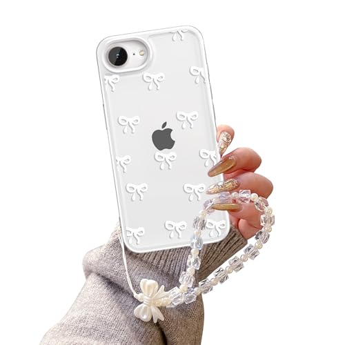 EYZUTAK Case for iPhone 17e/iPhone 16e, Clear Cute Ribbon Bowknot Aesthetic Phone Case with Charm Bracelet Chain Raised Camera Protection Stylish Soft Durable TPU Protective Cover for Women Girl-White - color: White, size: iPhone 17e/iPhone 16e