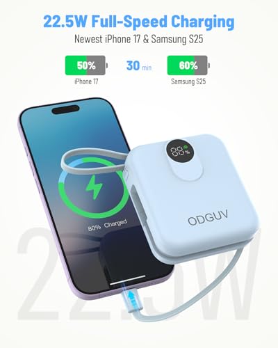 Small Portable Charger with Built-in Cables,22.5W Fast Charging Power Bank,USB-C Mini Battery Pack 10000mAh,Travel Essential Powerbank for iPhone Samsung Android iPad MacBook,Blue - color: blue