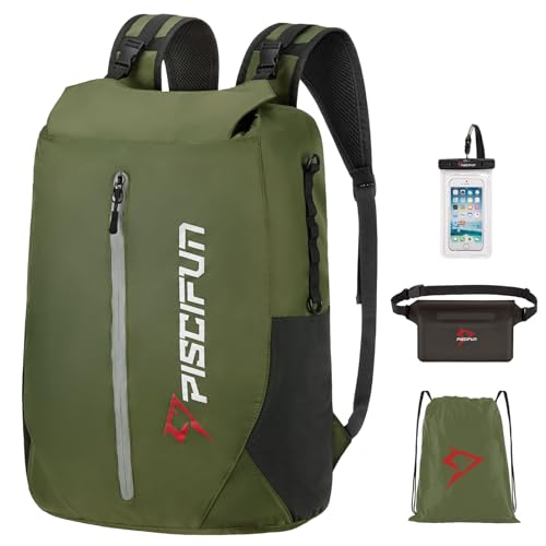 Piscifun Waterproof Floating Dry Backpack 10L/20L/30L | Lightweight and Durable, With Waist Pouch and Phone Case, Ideal for Kayaking, Camping, Beach, Boating, Swimming - color: Army Green, size: 20L