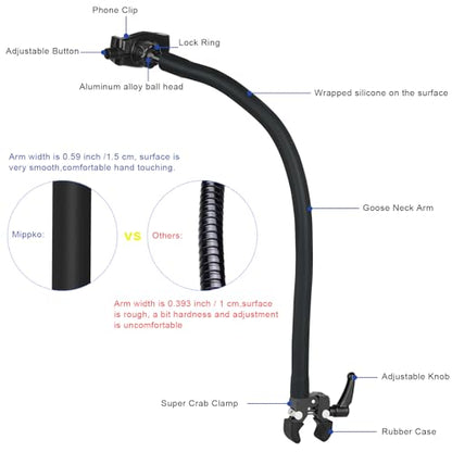Mippko Gooseneck Phone Holder for Mic Stand/Music Stand/Stroller/Treadmill/Spin Bike/Exercise Bicycle,50 cm Long Flexible Gooseneck Arm Super Crab Clamp Mount,Compatible with 3.5~7.5" iPhone Devices