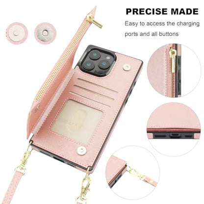 Bocasal Crossbody Wallet Case with Strap for iPhone 16 Pro Max, Rose Gold | RFID Blocking Card Slot Holder, Magnetic Flip Folio Purse Case, PU Leather Zipper Handbag Detachable Lanyard Strap 6.9 Inch - color: Rose Gold