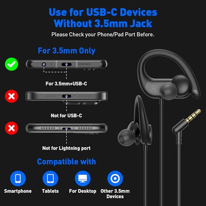 3.5mm Wired Earbuds with Jack Plug in Anti-Drop Over-Ear Hooks Headphones