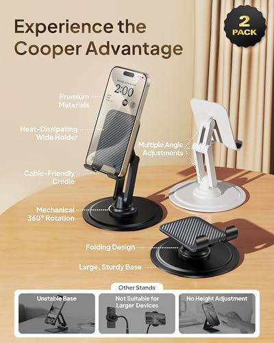 COOPER 360° Stand Rotating Cell Phone Stand for Desk, Desktop Phone Holder - color: 2 Pack - White/Black