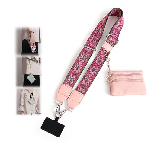 Phone Strap with Zippered Pouch, Clip and Go Strap for Phone with Wallet Crossbody - color: Bohemia Rosered Flower