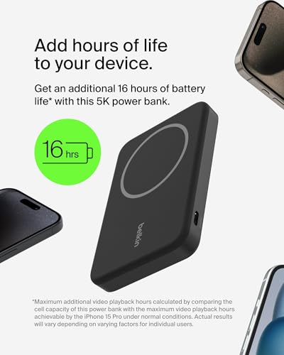 Belkin 5000mAh 15W Qi2 MagSafe Power Bank with Kickstand - color: Black, style: 5K mAh