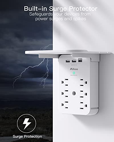 Wall Outlet Extender with Surge Protector, 6 AC Outlets, with Shelf - color: White, size: 3 USB