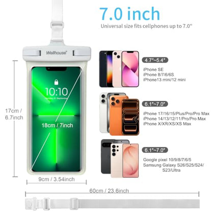 wellhouse Waterproof Phone Pouch, Waterproof Phone Case for iPhone 17 16 15 14 13 Pro Max XS Samsung, IPX8 3D Cellphone Dry Bag Beach Essentials (1 Pack - Luminous White7.0, 7 inch) - color: 1 Pack - Luminous White7.0"