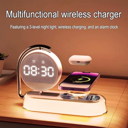 3-in-1 Wireless Charger with Digital Clock Display, 15W Fast Charging Station for Phone and Earbuds, Multi-Protection Charging Stand with 3-Level Night Light and Alarm Function, W001 White. - color: Multi Functional Alarm Clock W001 White