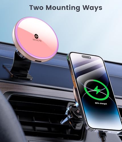 for Magsafe Car Mount Charger 15W LED RGB Car Phone Holder for Dash Vent - color: Pink