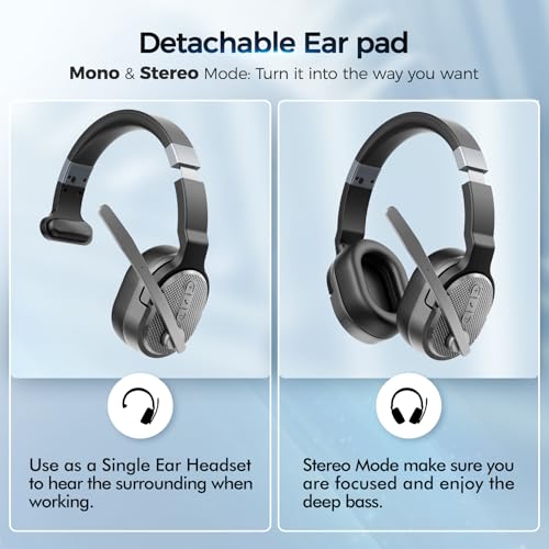COSMUSIS Trucker Bluetooth Headset, Wireless Headset with Mic for Work - color: Silver Gray