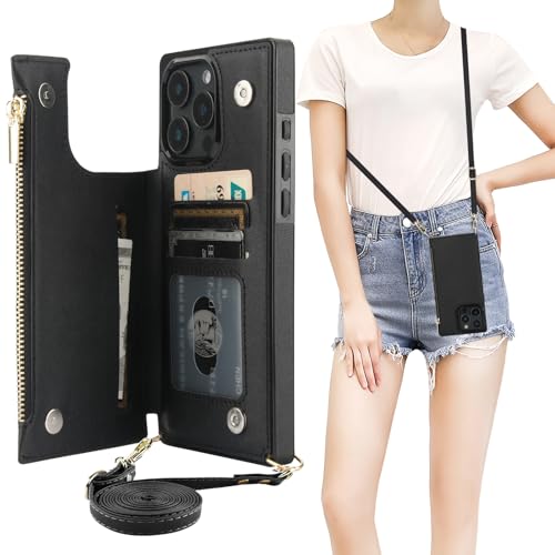 Bocasal Crossbody Wallet Case with Strap for iPhone 16 Pro Max, Black | RFID Blocking Card Slot Holder, Magnetic Flip Folio Purse Case, PU Leather Zipper Handbag Detachable Lanyard Strap 6.9 Inch - color: Black