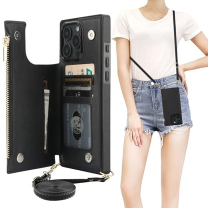 Bocasal Crossbody Wallet Case with Strap for iPhone 16 Pro Max, Black | RFID Blocking Card Slot Holder, Magnetic Flip Folio Purse Case, PU Leather Zipper Handbag Detachable Lanyard Strap 6.9 Inch - color: Black