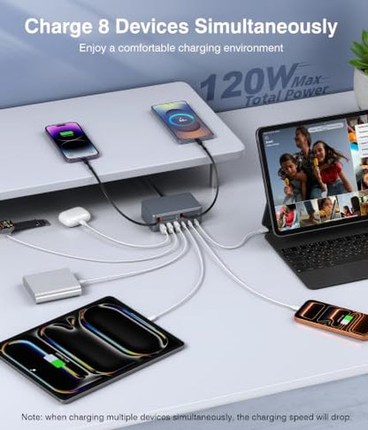 8-in-1 Retractable USB C Charger Charging Station Hub for Multiple Devices - color: Grey