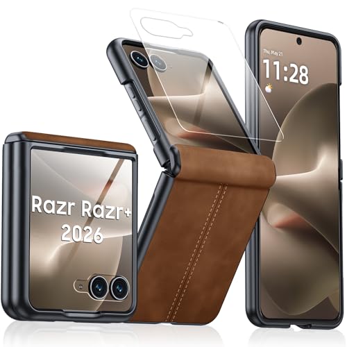 for Motorola Razr+ Plus 2026 Case/Razr+ Plus 2025 Case with Hinge Protection & Built-in Outer Screen Protector, PU Leather Matte PC Shockproof Cover, Ultra Slim Case for Razr+ 2026/2025-Brown - color: Brown, size: Razr+ 2026