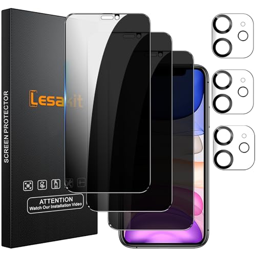 Lesakit 3+3 Pack Privacy Screen Protector for iPhone 11 6.1-Inch with 3 Pack Camera Lens Protector, Anti Spy Tempered Glass Film 9H Hardness Bubble Free Case Friendly - size: iPhone 11