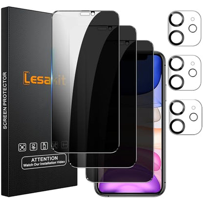 Lesakit 3+3 Pack Privacy Screen Protector for iPhone 11 6.1-Inch with 3 Pack Camera Lens Protector, Anti Spy Tempered Glass Film 9H Hardness Bubble Free Case Friendly - size: iPhone 11