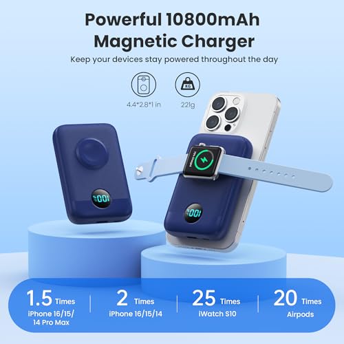 Magnetic Portable Charger for iPhone & iWatch,10800mAh 25W PD Fast Charging USB C Power Bank,4 Output Dual-Side Magnet Travel Essentials Battery Pack for iPhone 17/Air/16/15/14/13/12 Series (Blue) - color: Blue