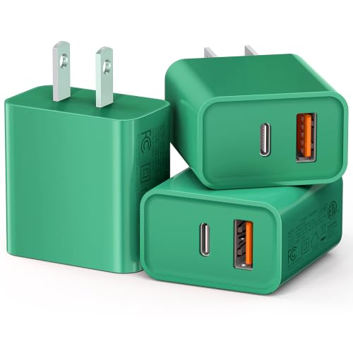 20W USB C Fast Charger, 3Pack Durable Dual Port PD 3.0 with USB A Wall Charger Block for iPhone, iPad Pro, AirPods Pro, Samsung Galaxy, Motorola, LG, Google Pixel Brick Plug Power Adapter(Green) - color: Green