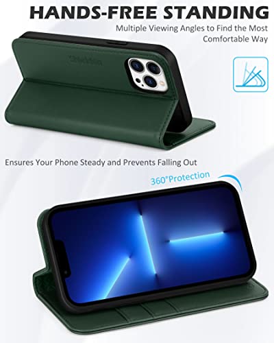 SHIELDON Genuine Leather Case Wallet for iPhone 13 Pro 6.1", Midnight Green | Folio Magnetic Closure, RFID Blocking, Credit Card Holder, Kickstand, Shock Absorbing Protective Cover - color: Midnight Green