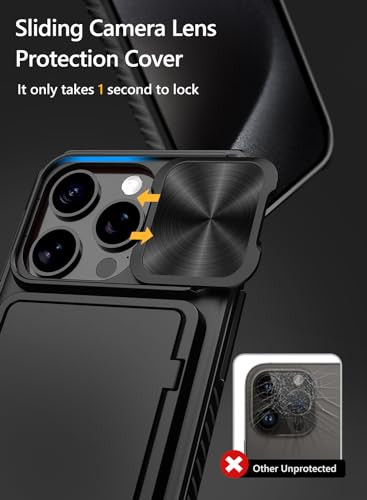 Vihibii for iPhone 15 Pro Case Wallet with Card Holder (4 Cards), Black | Slide Camera Cover, Kickstand, Military Grade Drop Protection, Rugged Hard Back, Silicone Edge Wallet Phone Case, 2023, Black - color: Black, size: iPhone 15 Pro