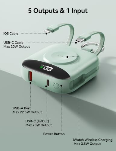 Portable Charger 10000mAh 22.5W Power Bank Built-in 2 Cables Keychain | Charge 5 Devices, TSA approved, Travel Fast Charging Battery Pack for iPhone Samsung Google Android & iWatch Charger, Green - color: Green
