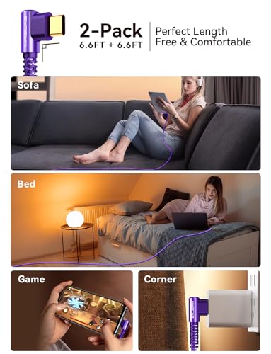 MRGLAS USB A to USB C Cable 3.2A 2-Pack [90°, Gold-Plated] 6.6+6.6F - color: Purple, size: 6.6FT+6.6 FT