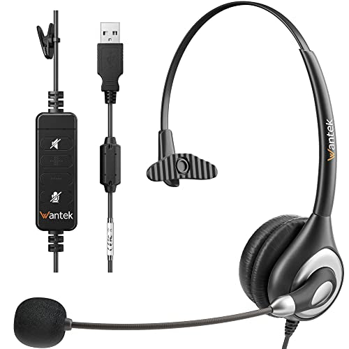 Wantek Corded USB Headsets Mono with Noise Cancelling Mic and in-line Controls, UC Business Headset for Skype, SoftPhone, Call Center, Crystal Clear Chat, Super Lightweight, Ultra Comfort (UC600) - color: Light Black