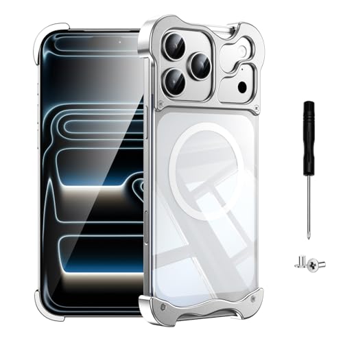 Metal Bumper case for iPhone 17 Pro with Magnetic - White | Fit for MagSafe, 4-Corner Airbag Rugged Shockproof, Frameless Minimalist slim cover, DIY Assemble Design, Camera Protection - color: White, size: iPhone 17 Pro