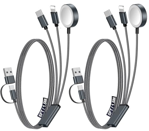 2Pack Travel Essentials for Apple Watch Charger,3-in-2 Multi Charging Cable - color: Black, size: 2Pack-5 FT