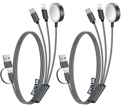 2Pack Travel Essentials for Apple Watch Charger,3-in-2 Multi Charging Cable - color: Black, size: 2Pack-5 FT