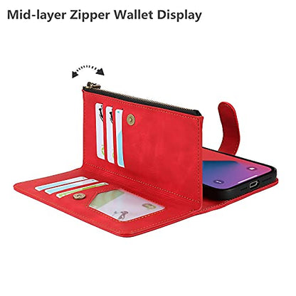 iCoverCase Compatible with iPhone 13 Wallet Phone Case with Card Holder, PU Leather Zipper Pocket Magnetic Detachable Flip Case with Wrist Strap (Red) - color: Detachable--Red