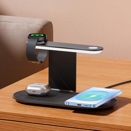 Metal Wireless Charging Station for Samsung/Android Charger,4 in 1 Nightstand Watch Charger Charging Stand with Night Light for Samsung S25/S24/S23 Ultra/Buds3,Only for Galaxy Watch 8/7/6/5