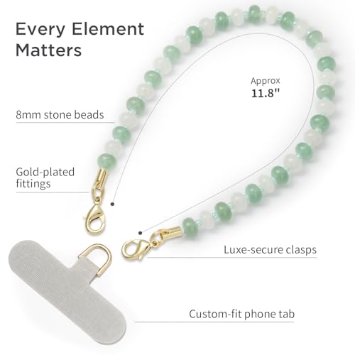 POSADINA Natural Stone Phone Charm, Beaded Healing Phone Wrist Strap, Handmade Cellphone Chain Lanyard with Tether Tab - color: Green Moon