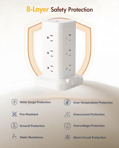 12AC 3USB Power Strip Tower Surge Protector 1800J, 10ft, White, 1 - color: White, size: 10ft