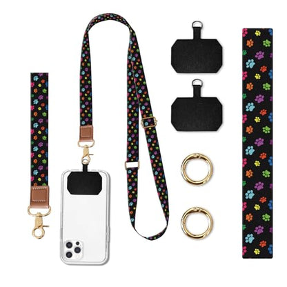 Phone Lanyard Crossbody Wrist Strap, Universal Adjustable Neck Strap for Phone Case Keys ID Badges, Travel Essential - color: Black Dog Paws