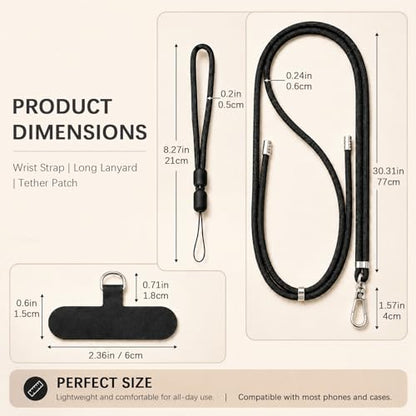 Rosmas Adjustable Crossbody Cell Phone Neck Strap with 2 Wrist Straps and 2 Tether Tabs for Smartphones - color: Black、pink