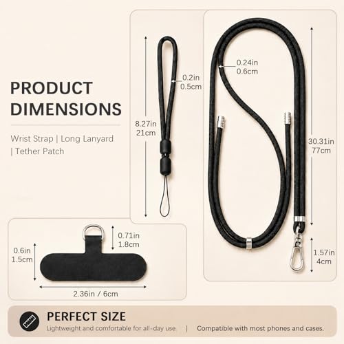 Rosmas Adjustable Crossbody Cell Phone Neck Strap with 2 Wrist Straps and 2 Tether Tabs for Smartphones - color: Black+purple