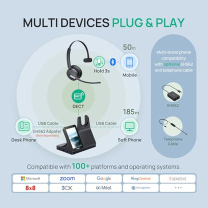 Yealink WH64 Workstation DECT Wireless Headset with 4" Touch Screen,3x Noise Cancelling Mic, 606ft Range,All in One Workstation with Speaker,3x USB Hub Office Headset for Desk Phone,Computer,Cellphone - style: WH64 Workstation Mono Teams