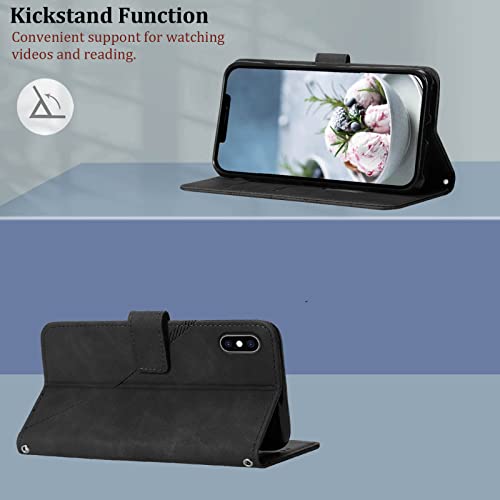 for iPhone X/Xs Flip Wallet Case with Card Slots, Black | PU Leather, TPU Interior, 3 Card Slots, Cash Pocket, Magnetic Clasp, Detachable Wrist Strap, Stand, Precise Cutouts - color: Black